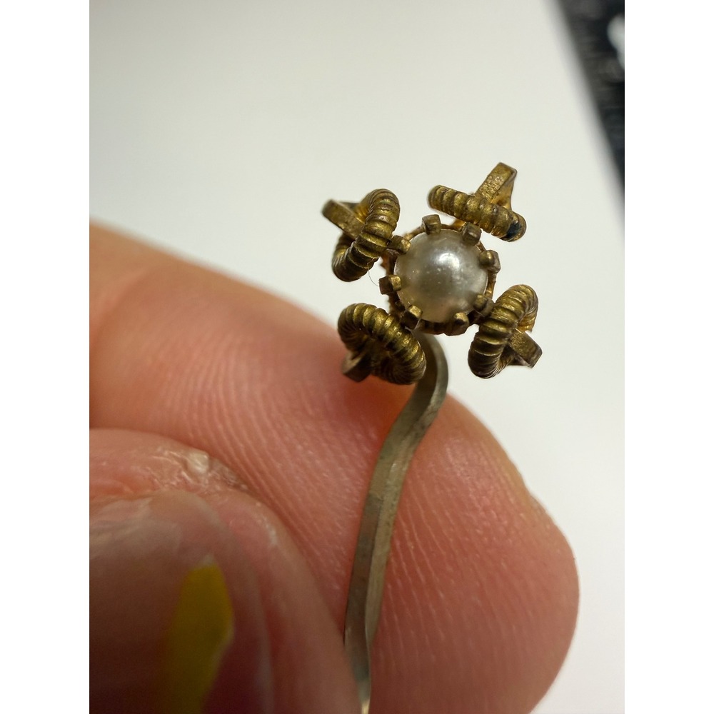 Antique Faux Pearl Stick Pin Gold Tone Coiled Wire Mixed Metal Lapel Pin 1.5in